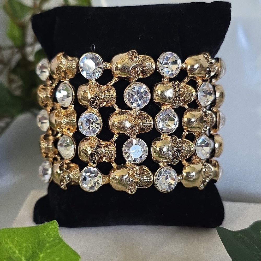 Statement Gold Stretch Bracelet Skulls and Cubic Zirconia